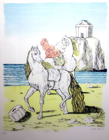 Lithograph De Chirico - Cavalli con tempio