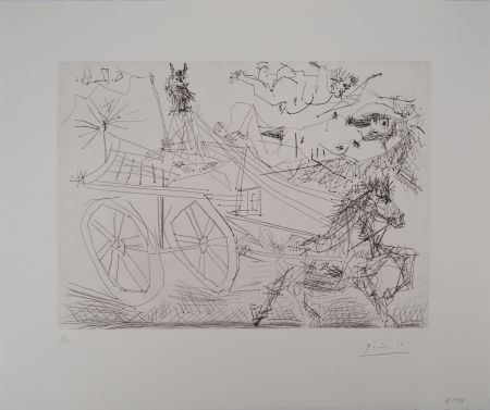 Etching Picasso - Charrette foraine conduite par un petit animal, avec nu et amour dans le ciel
