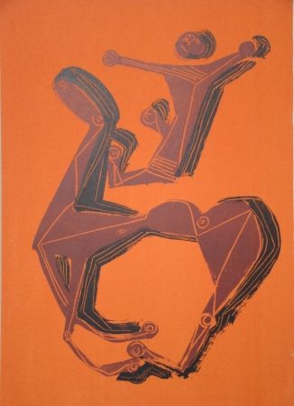 Lithograph Marini - Cheval et cavalier sur fond orange
