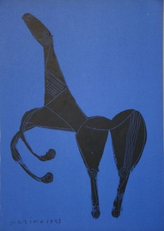 Lithograph Marini - Cheval sur fond bleue
