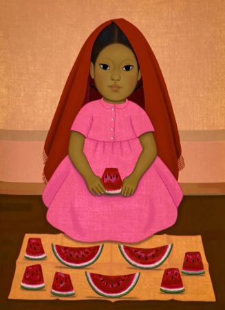 Woodcut Montoya - Chica con sandia