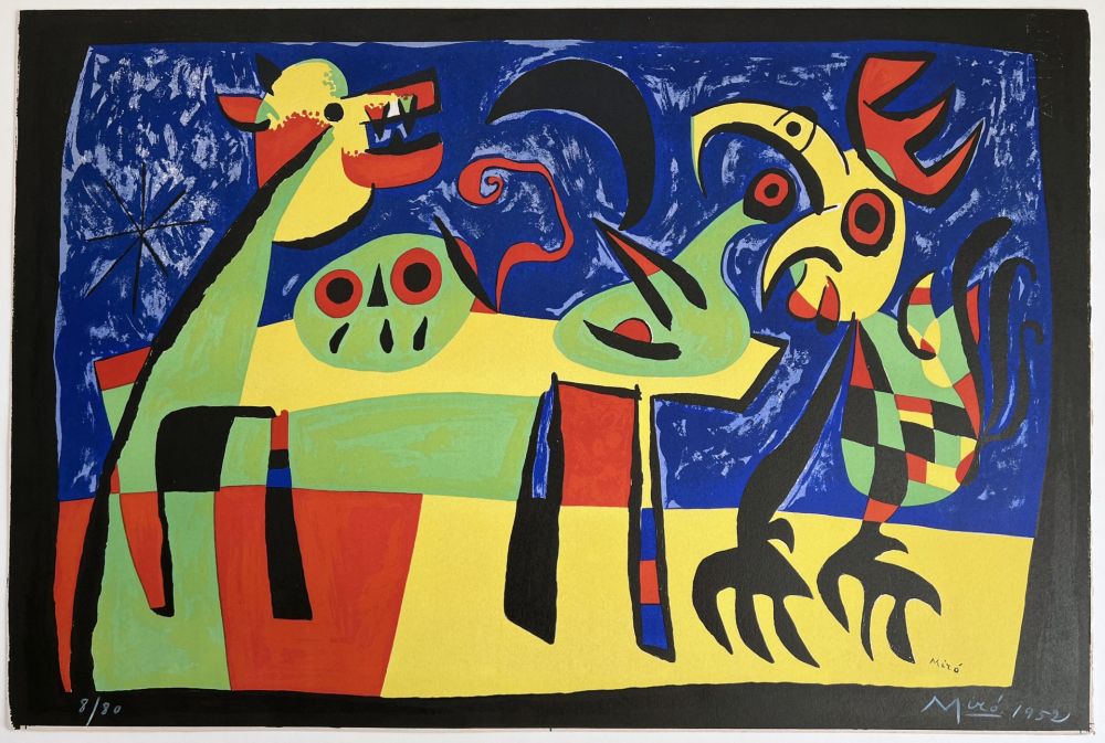 Lithograph Miró - CHIEN ABOYANT À LA LUNE (1952). Dog barking at the moon (signée, 1952)