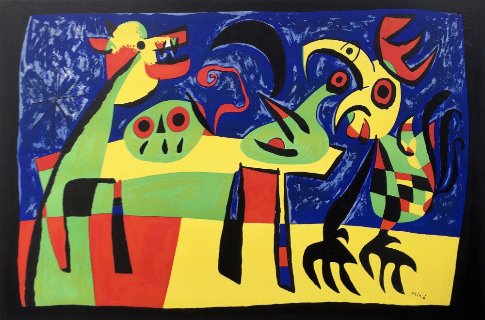 Lithograph Miró - CHIEN ABOYANT À LA LUNE. Rare épreuve à plat (1952)