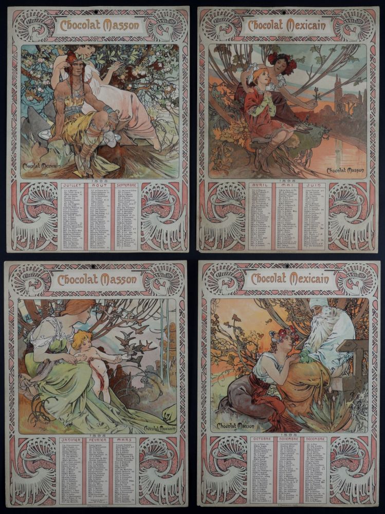 Lithograph Mucha - Chocolat Masson / Chocolat Mexicain, 1897 - A set of four original lithographs in colors