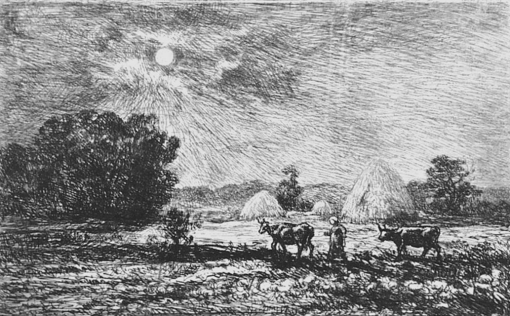 Engraving Daubigny - Clair de lune a Valmondois