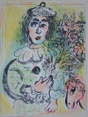 Lithograph Chagall - Clown avec des fleurs