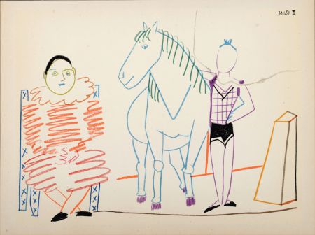 Lithograph Picasso - Clown & Circus Rider, 1954