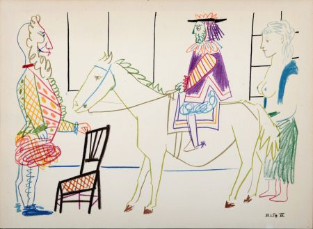 Lithograph Picasso - Clown, Knight & Woman, 1954
