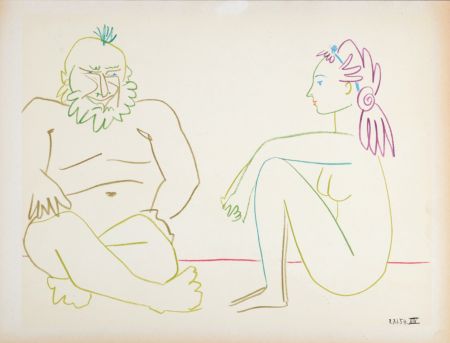 Lithograph Picasso - Clown & nude woman, 1954