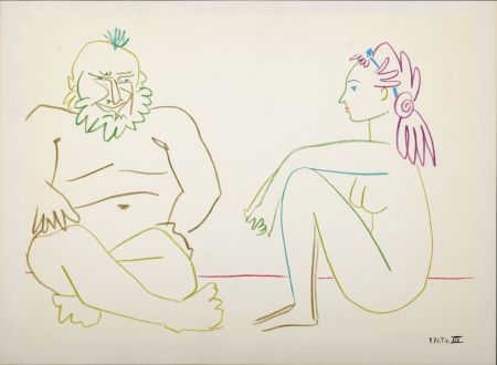 Lithograph Picasso - Clown & Nude Woman, 1954
