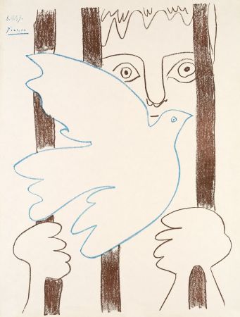 Poster Picasso - Colombe Bleue Volant devant des Barreaux