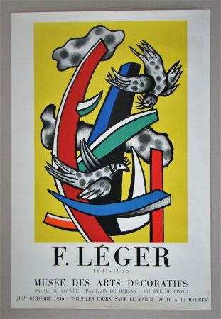 Poster Leger - Composition aux deux oiseaux sur fond jaune, 1955
