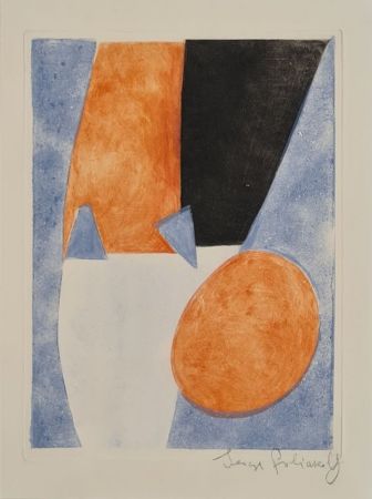 Etching And Aquatint Poliakoff - Composition bleue, grise et rouge 