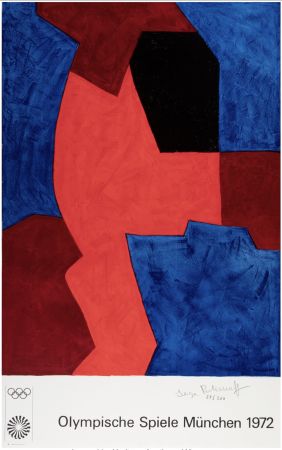 Lithograph Poliakoff - Composition bleue, rouge et noir, 1969 