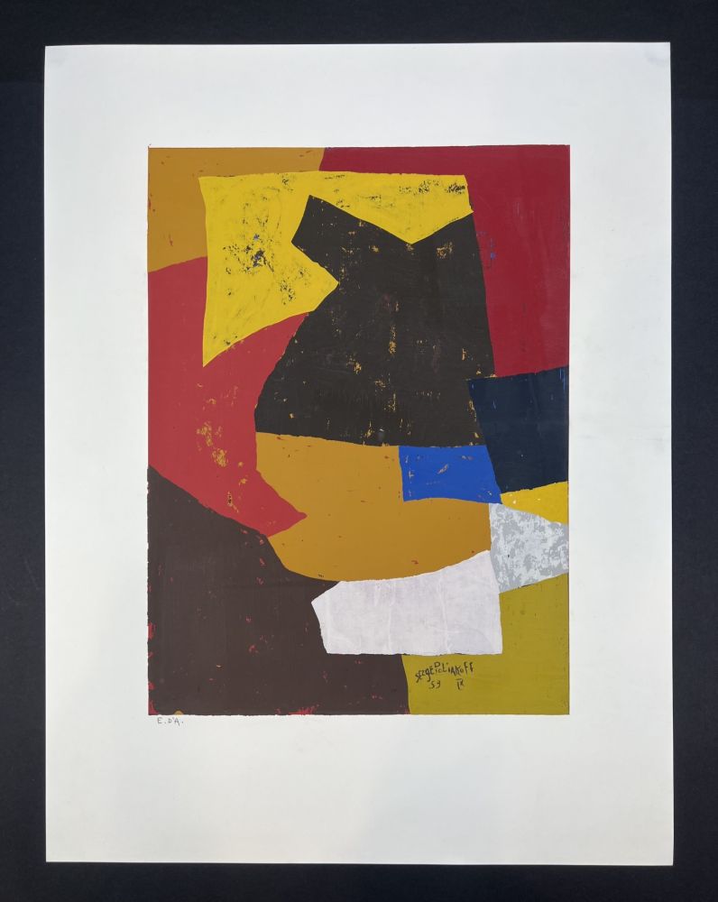 Screenprint Poliakoff - Composition brune, ocre, blanche et rouge