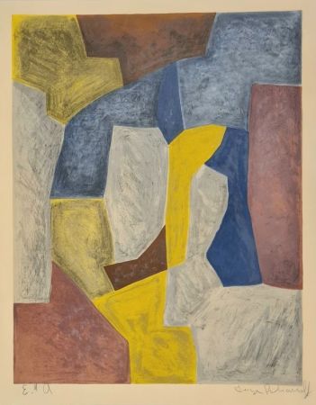 Lithograph Poliakoff - Composition carmin, jaune, grise et bleue n°24 