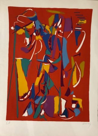 Lithograph Lanskoy - Composition fond rouge 