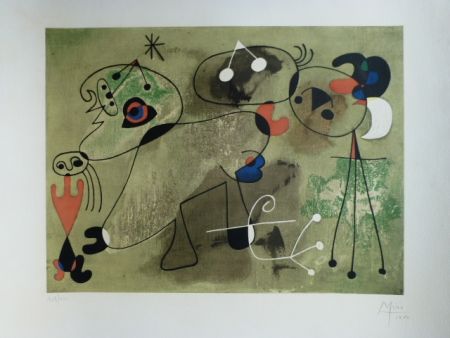 Lithograph Miró - Composition fond vert