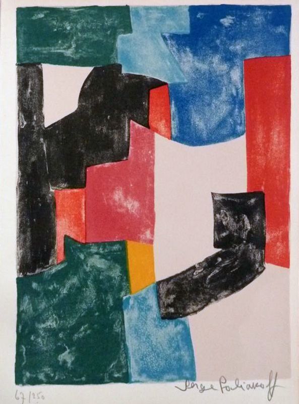 Lithograph Poliakoff - Composition noir, bleu et rouge 