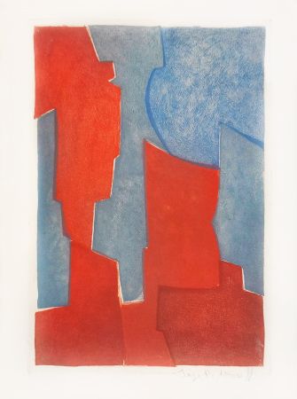 Etching And Aquatint Poliakoff - Composition rouge et bleue XX 