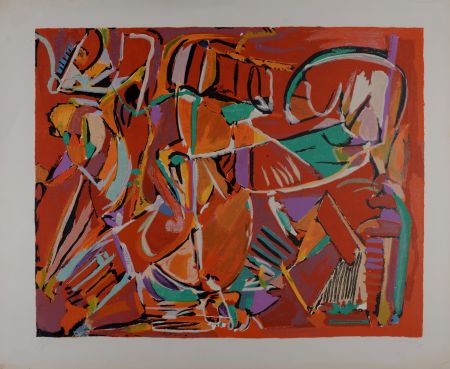 Lithograph Lanskoy - Composition sur fond rouge, circa 1968 - Hand-signed