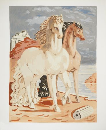 Lithograph Chirico (De) - Couple de chevaux dans un paysage mythologique, c