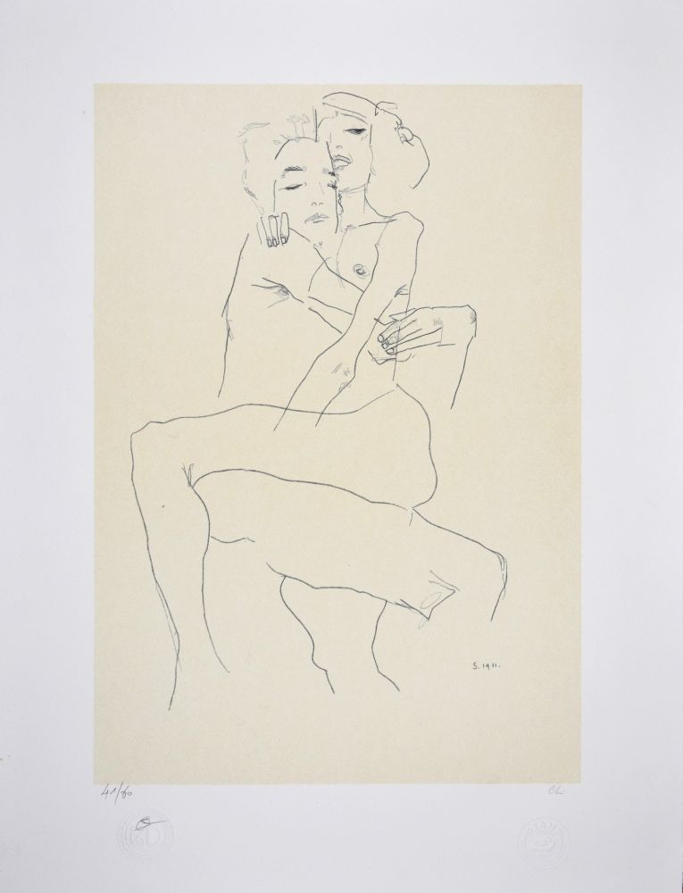 Lithograph Schiele - Couple enlacé / couple embracing - 1911