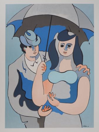 Lithograph Helion - Couple sous un parapluie