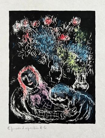 Lithograph Chagall - Couple sur fond noir