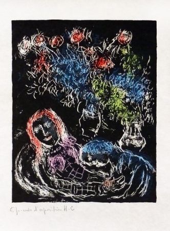 Lithograph Chagall - Couple sur fond noir