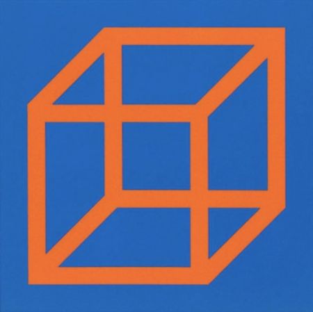 Linocut Lewitt - Cubes in Color on Color (Blue/Orange)