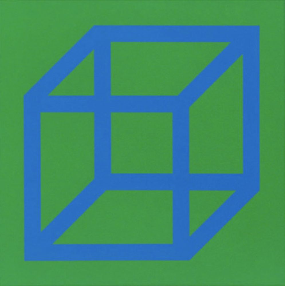 Linocut Lewitt - Cubes in Color on Color (Green/Blue)