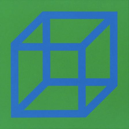 Linocut Lewitt - Cubes in Color on Color (Green/Blue)
