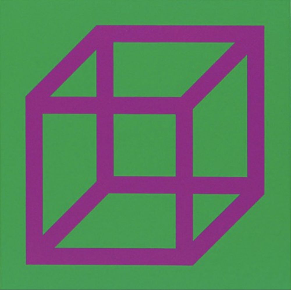 Linocut Lewitt - Cubes in Color on Color (Green/Purple)