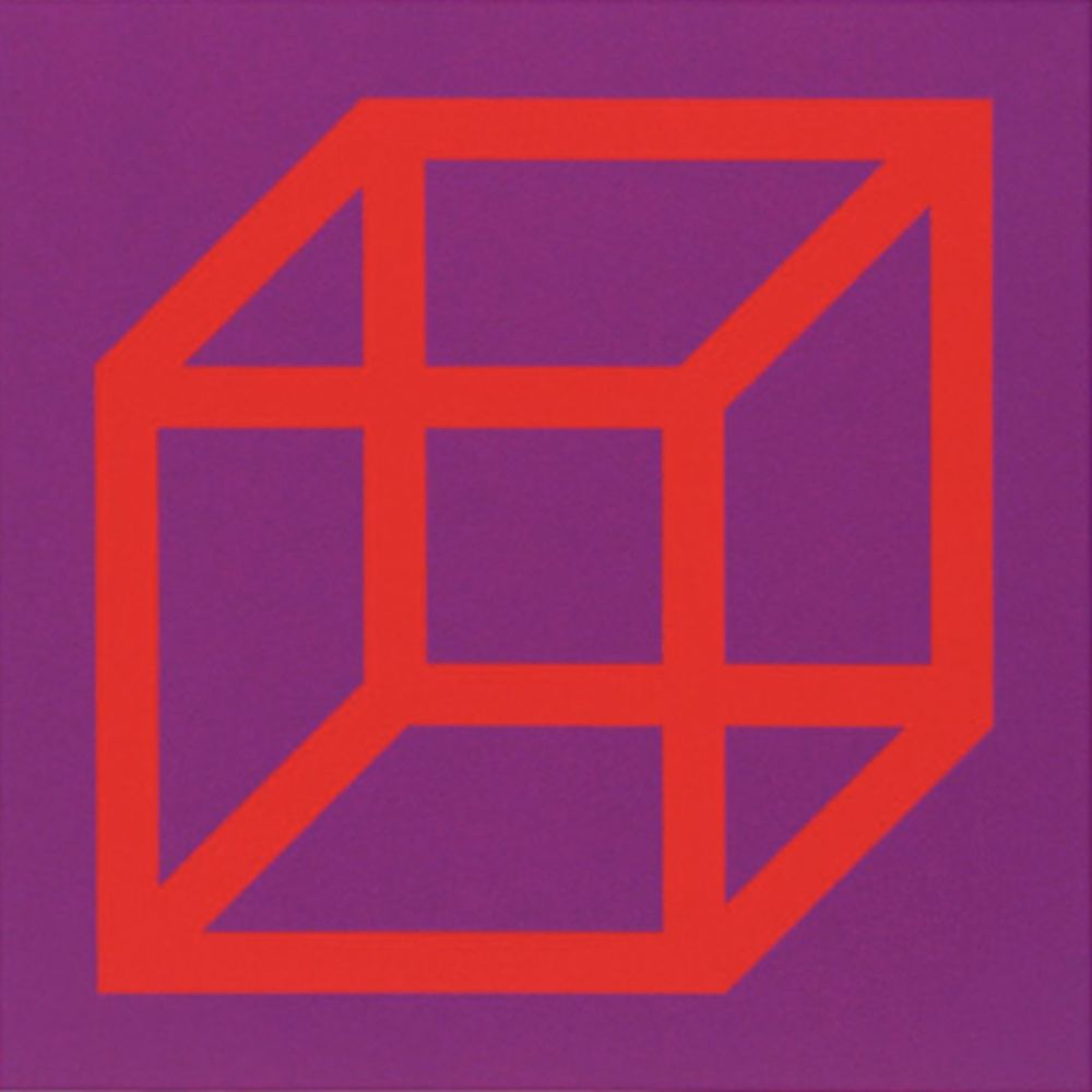 Linocut Lewitt - Cubes in Color on Color (Purple/Red)