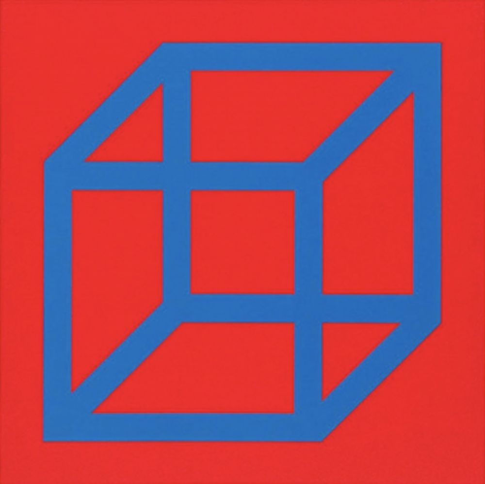 Linocut Lewitt - Cubes in Color on Color (Red/Blue)