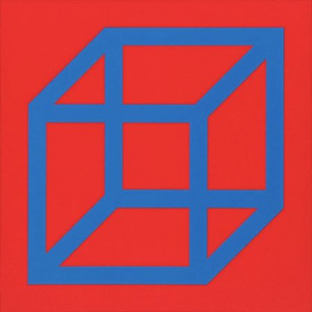 Linocut Lewitt - Cubes in Color on Color (Red/Blue)