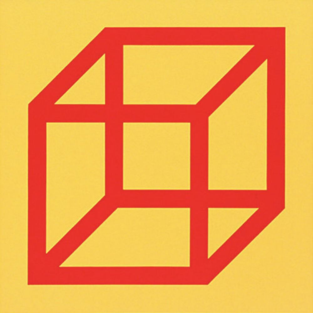 Linocut Lewitt - Cubes in Color on Color (Yellow/Red)