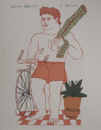 Lithograph Fassianos - Cycliste à l'écharpe verte