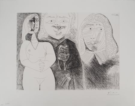 Etching Picasso - Célestine et fille, avec deux hommes en costume du XVIe siècle