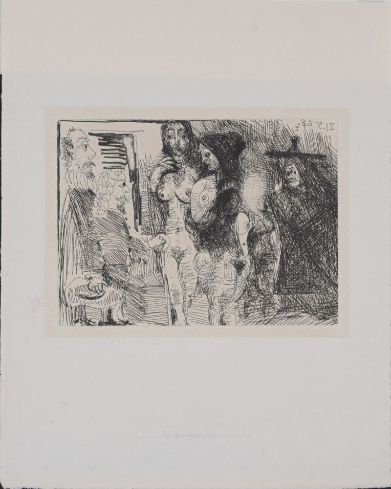 Etching Picasso - Célestine présentant ses deux pensionnaires à deux clients, 1971