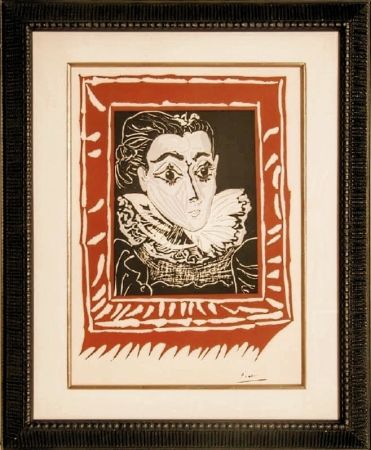 Lithograph Picasso -  Dame à la collerette (Lady with the collar),  Jacqueline - Original Linocut on Arches paper, 1963