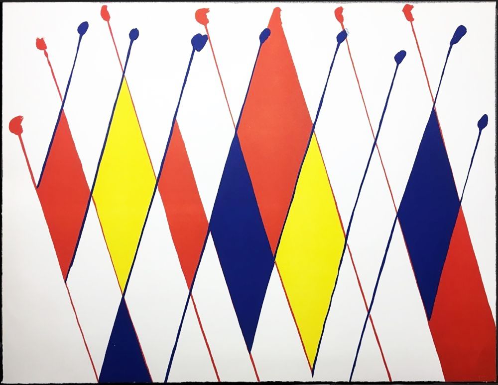 Lithograph Calder - Damier de losanges bleus jaunes rouges (1966).