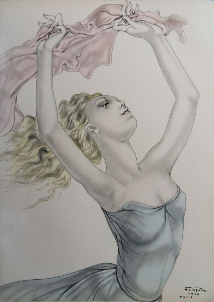 Lithograph Foujita - Danseuse en foulard rose