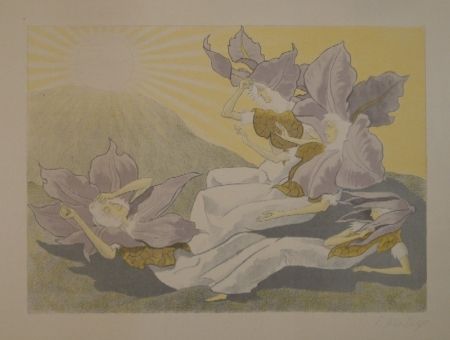 Lithograph Kreidolf - Der Blumen Erwachen. Vier liegende Clematis-Mädchen erwachen bei der aufgehenden Sonne. 