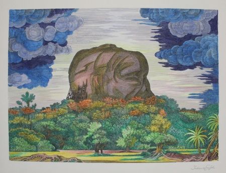Lithograph Von Gugel - Der Fels von Sigiriya bei Tag / The Rock of Sigiriya at Daytime