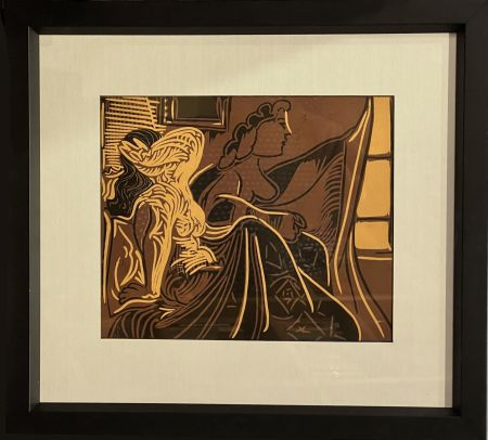 Linocut Picasso - DEUX FEMMES À LA FENÊTRE.  Linogravure d'après Picasso (Cercle d'Art 1959-1962)