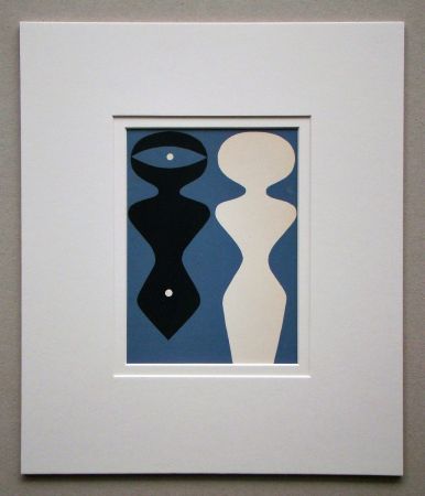 Woodcut Arp - Deux figures sur fond bleu