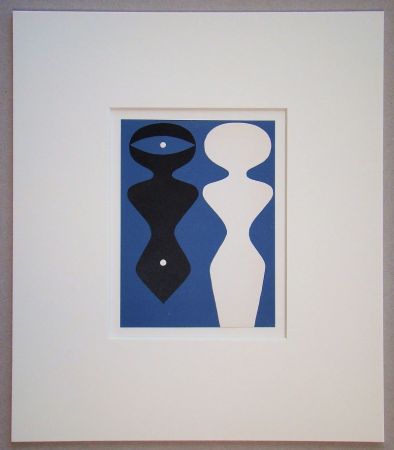 Woodcut Arp - Deux figures sur fond bleu
