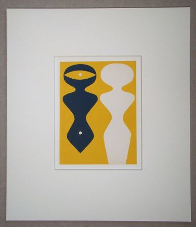 Woodcut Arp - Deux figures sur fond jaune